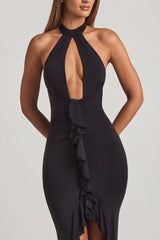 Ruffle Trim Halterneck Gown in Black