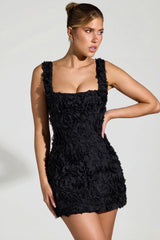 Floral Appliqué Square Neck Corset Mini Dress in Black