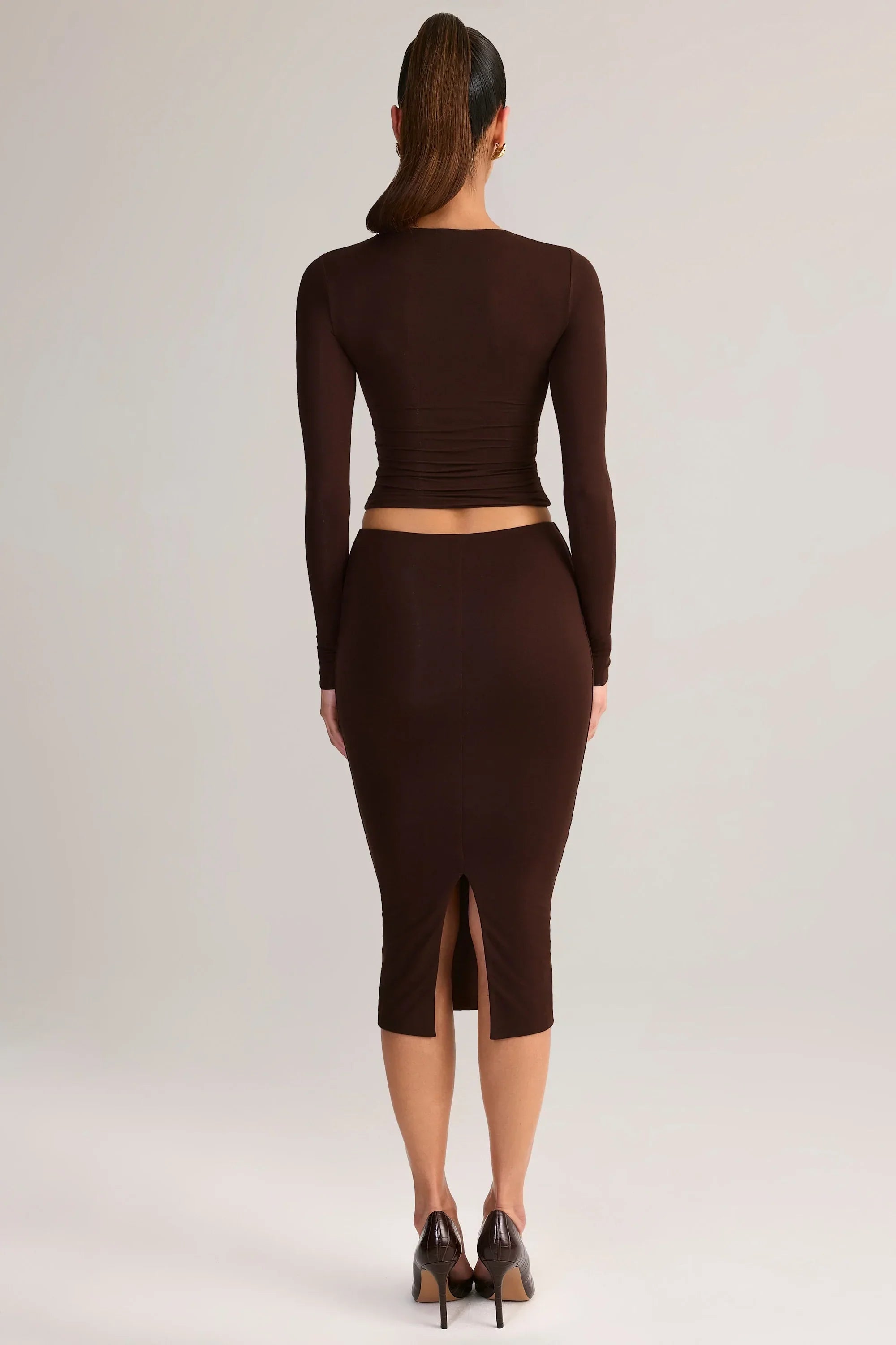Modal Mid Rise Pencil Midi Skirt in Chocolate Brown