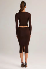 Modal Mid Rise Pencil Midi Skirt in Chocolate Brown