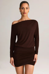 Modal Off Shoulder Wrap Mini Dress in Chocolate Brown
