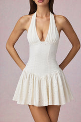 Modal Broderie Anglaise Halterneck Mini Dress in White