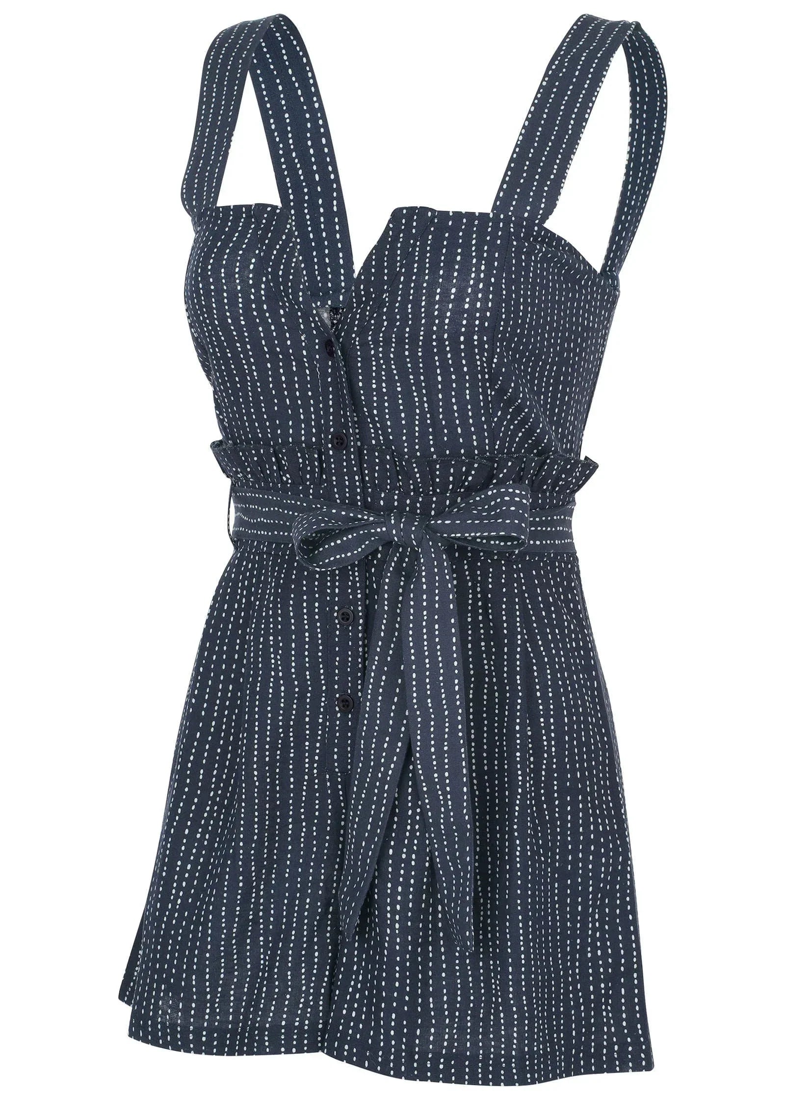 Casual Linen Romper Navy Dot Stripe