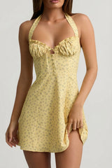 Halterneck A Line Mini Dress in Yellow Flower Print