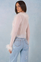 Feather Trim Sheer Top in Ivory