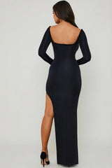 Ruffle Trim Cut Out Maxi Dress in Black