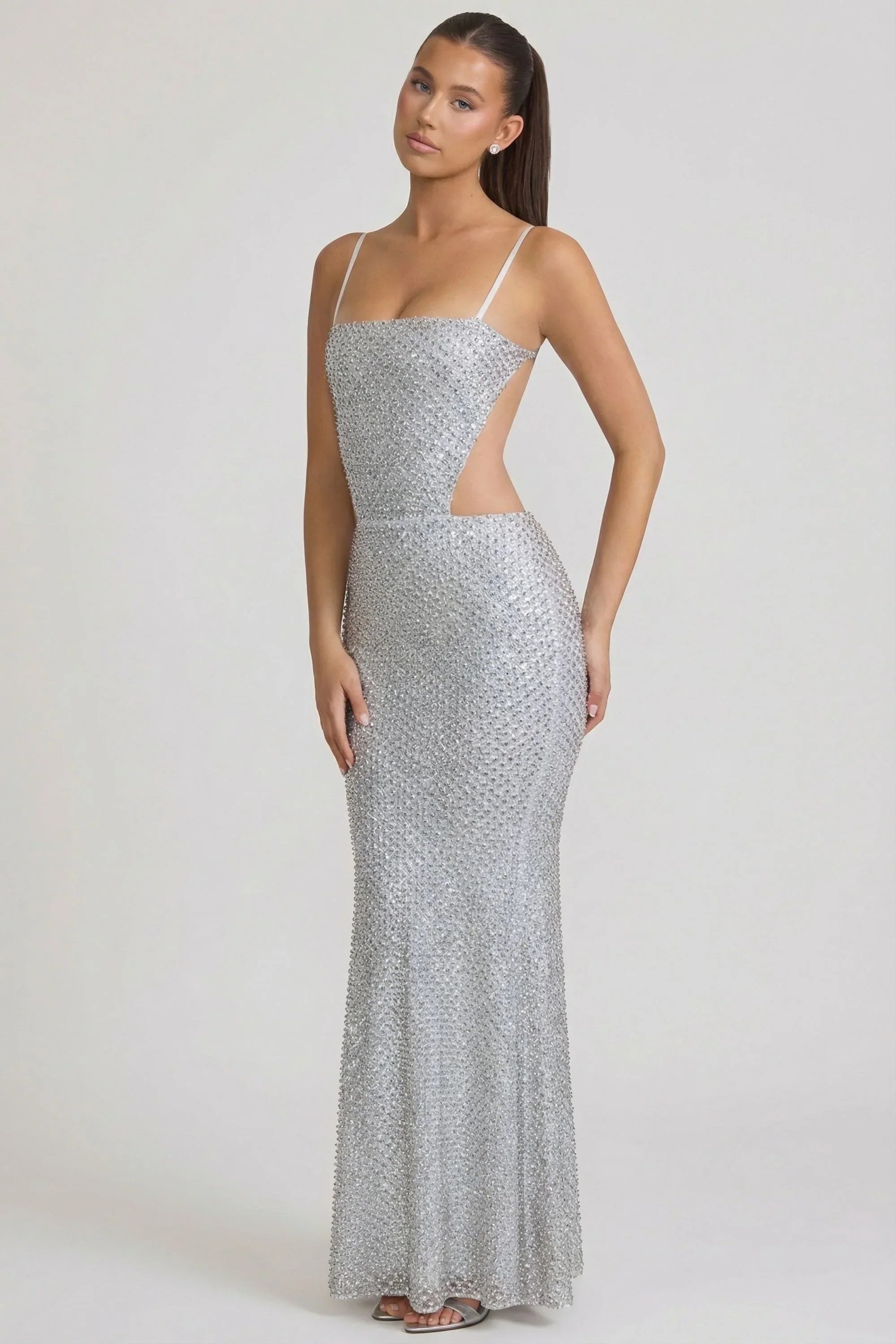 Embellished Cut Out Gown in Silver