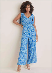 Tie Strap Wide Leg Jumpsuit Blue Allover Spring Paisley