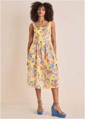 Floral Poplin Midi Dress Custard Roses