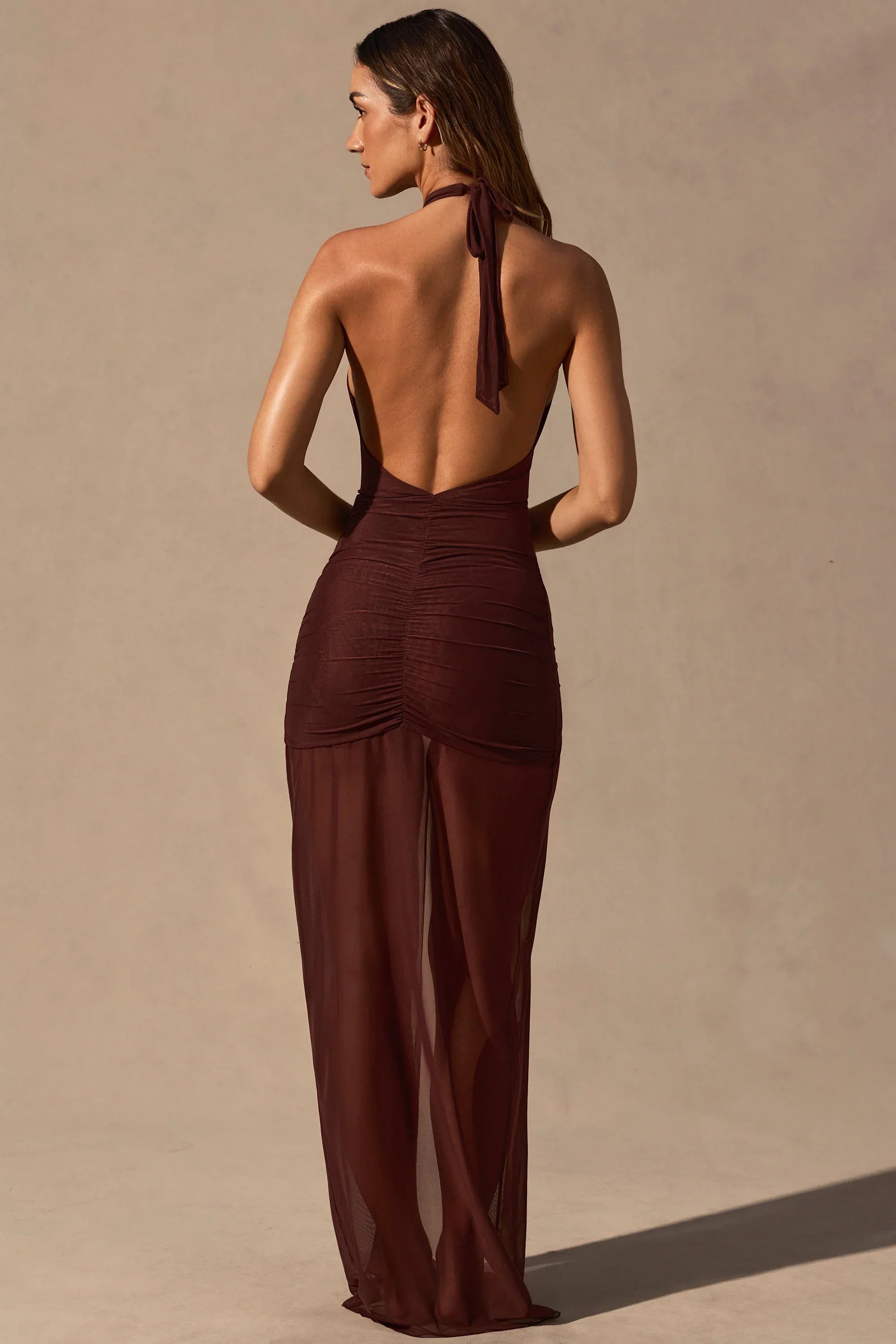 Cut Out Halterneck Maxi Dress in Espresso Brown
