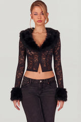 Sheer Lace Faux Fur Trim Cardigan in Black