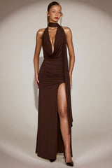 Soft Jersey Plunge Halterneck Maxi Dress in Chocolate Brown