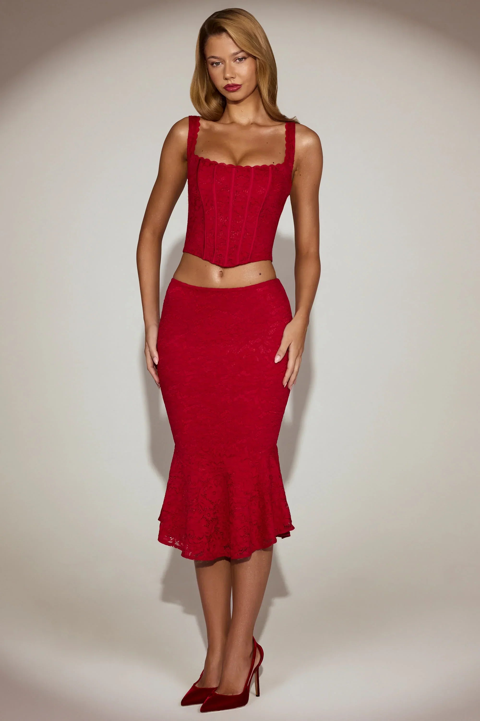 Lace Mid Rise Fluted Midi Skirt in True Red
