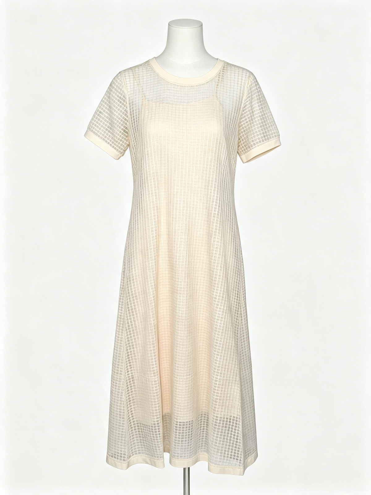 Cream Grid Mesh Two Piece Midi Dress