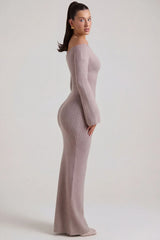 Ribbed Knit Off Shoulder Maxi Dress in Taupe