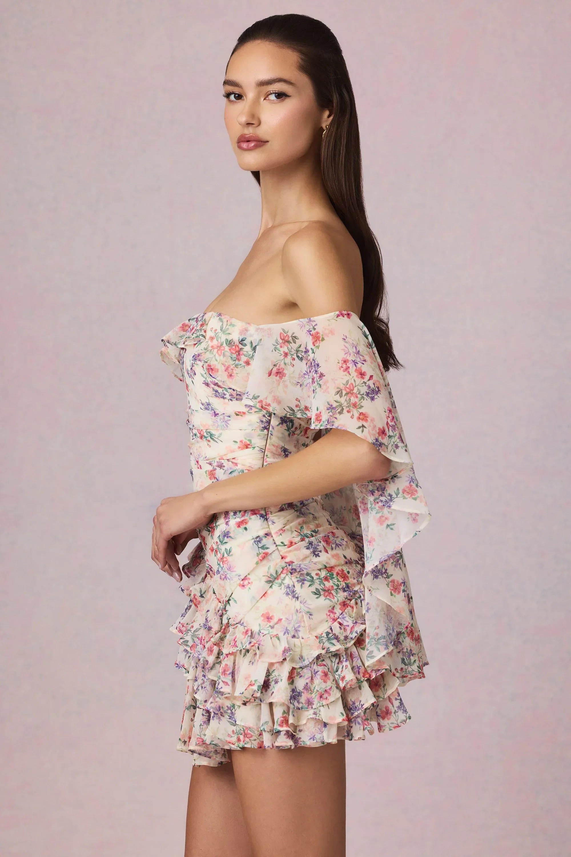 Off Shoulder Ruffled Mini Dress in Primrose Floral Print