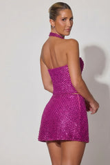 Embellished Halterneck Corset Top in Magenta