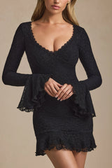 Long Sleeve Ruffled Lace Mini Dress in Black