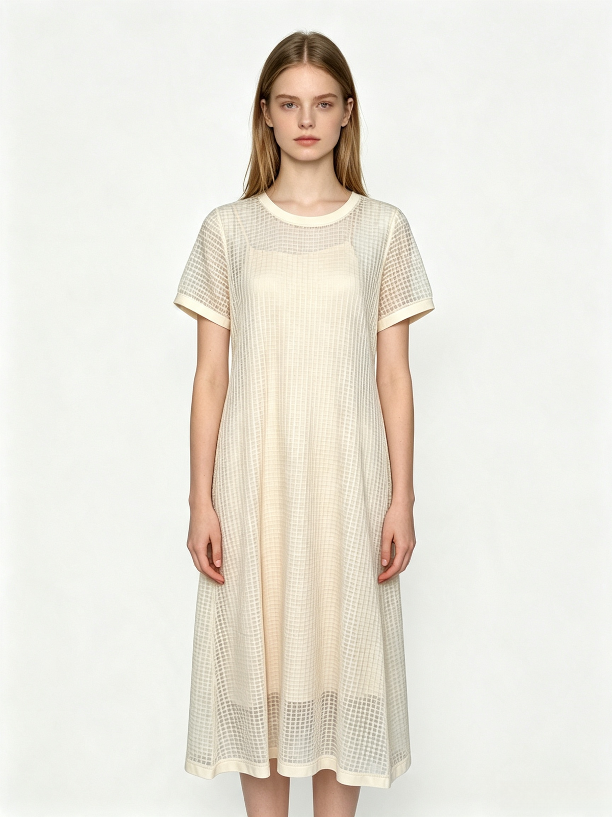 Cream Grid Mesh Two Piece Midi Dress