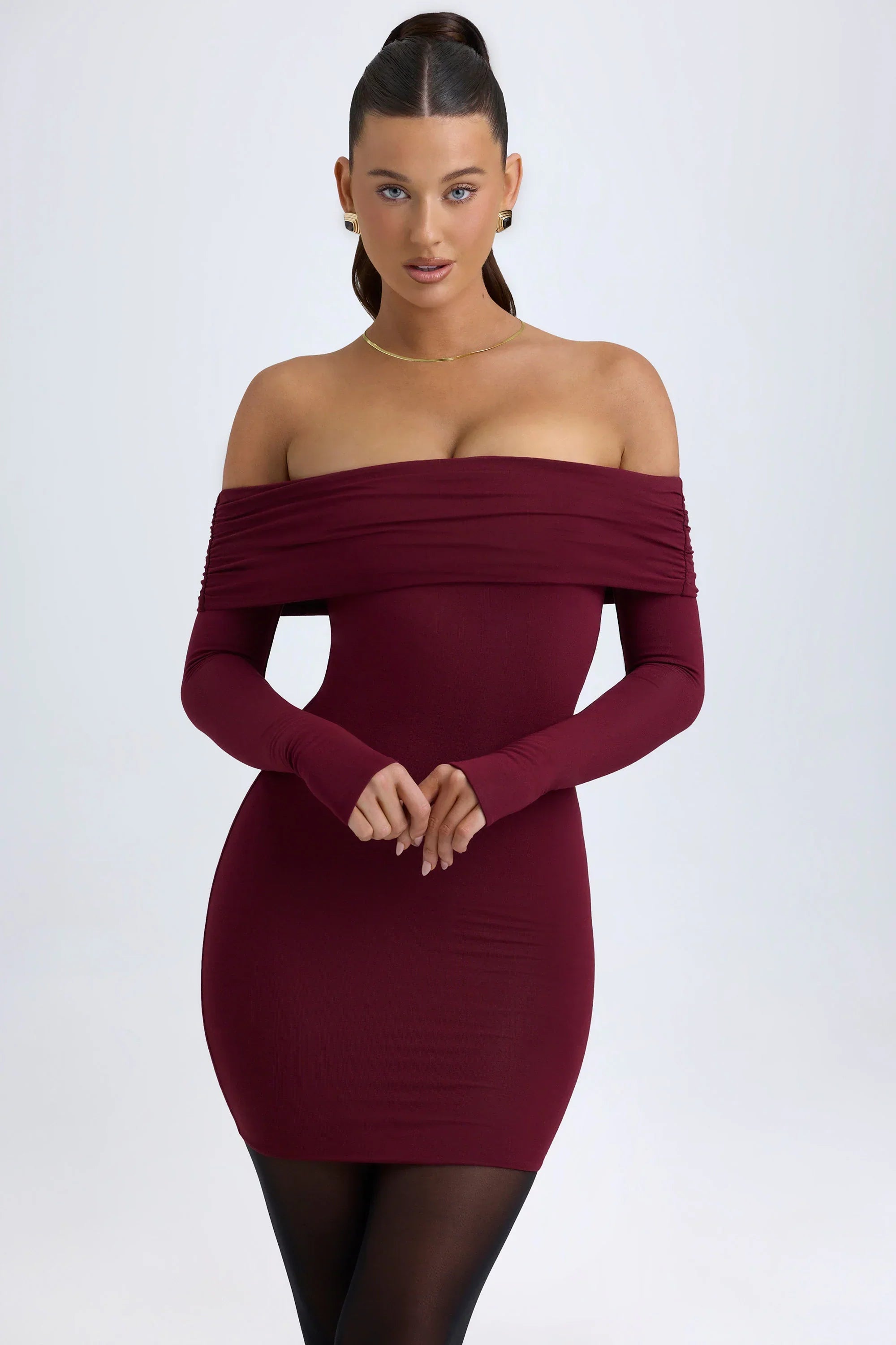 Modal Off Shoulder Mini Dress in Wine Red