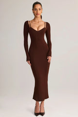 Modal Peekaboo Long Sleeve Midi Dress in Chocolate Brown