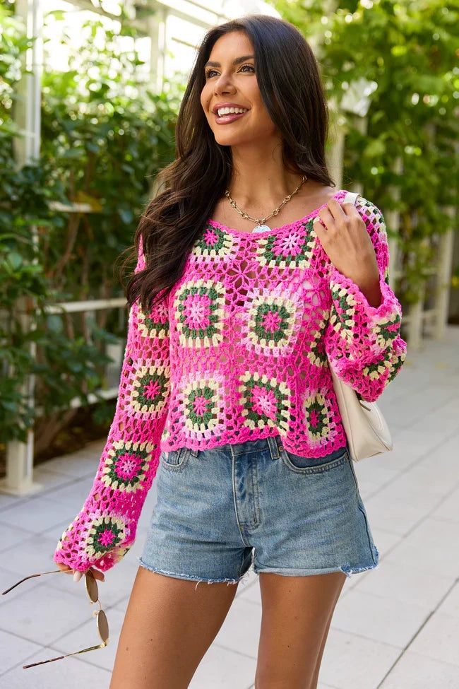 Annabelle Pink And Green Crochet Sweater