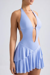 Ruffled Cut Out Halterneck Mini Dress in Periwinkle Blue