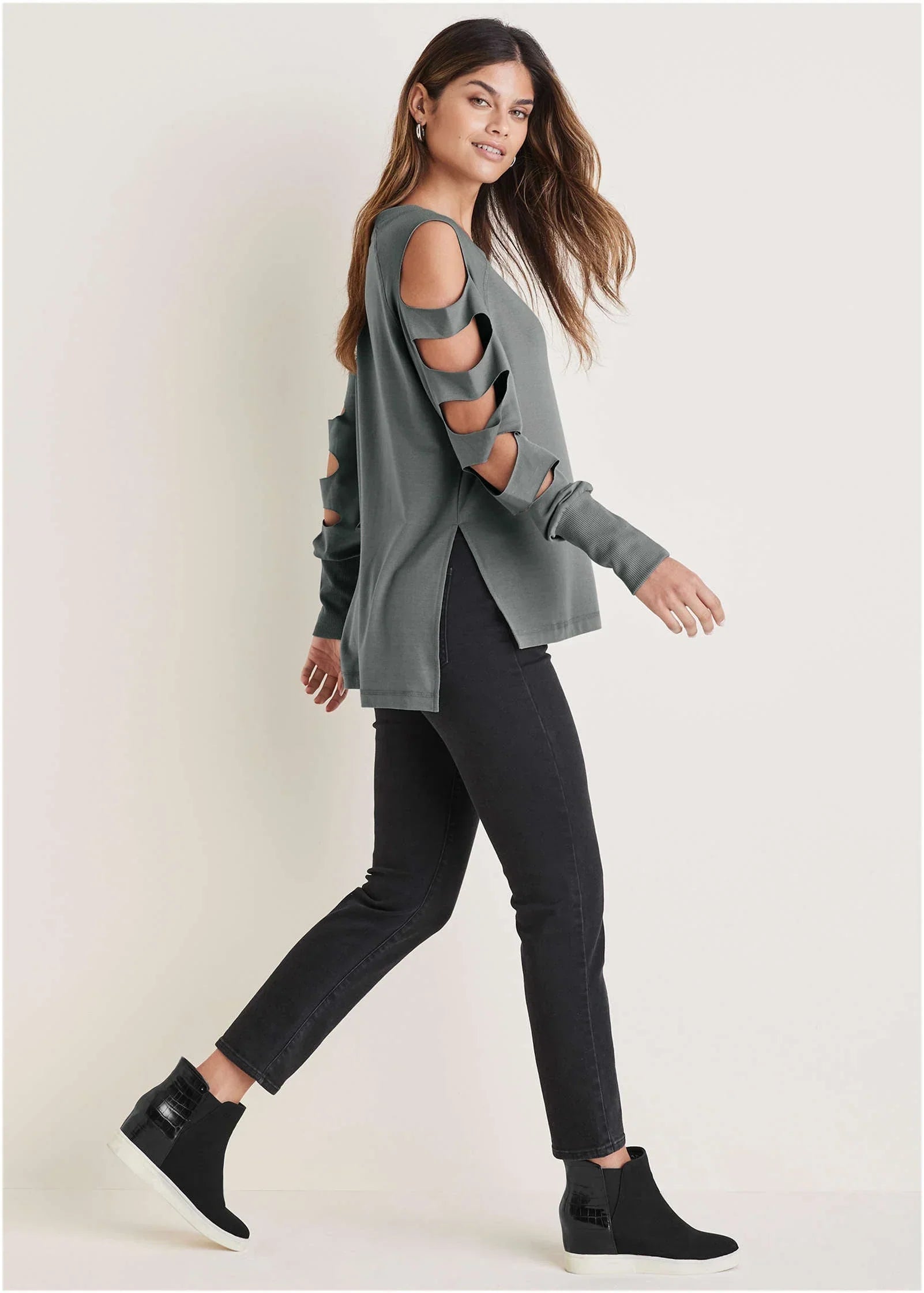 Cutout Sleeve Sweatshirt Seafog