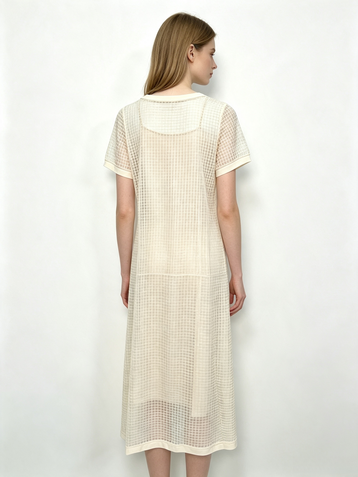 Cream Grid Mesh Two Piece Midi Dress