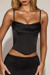 Satin Cowl Neck Lace Up Corset Top in Black