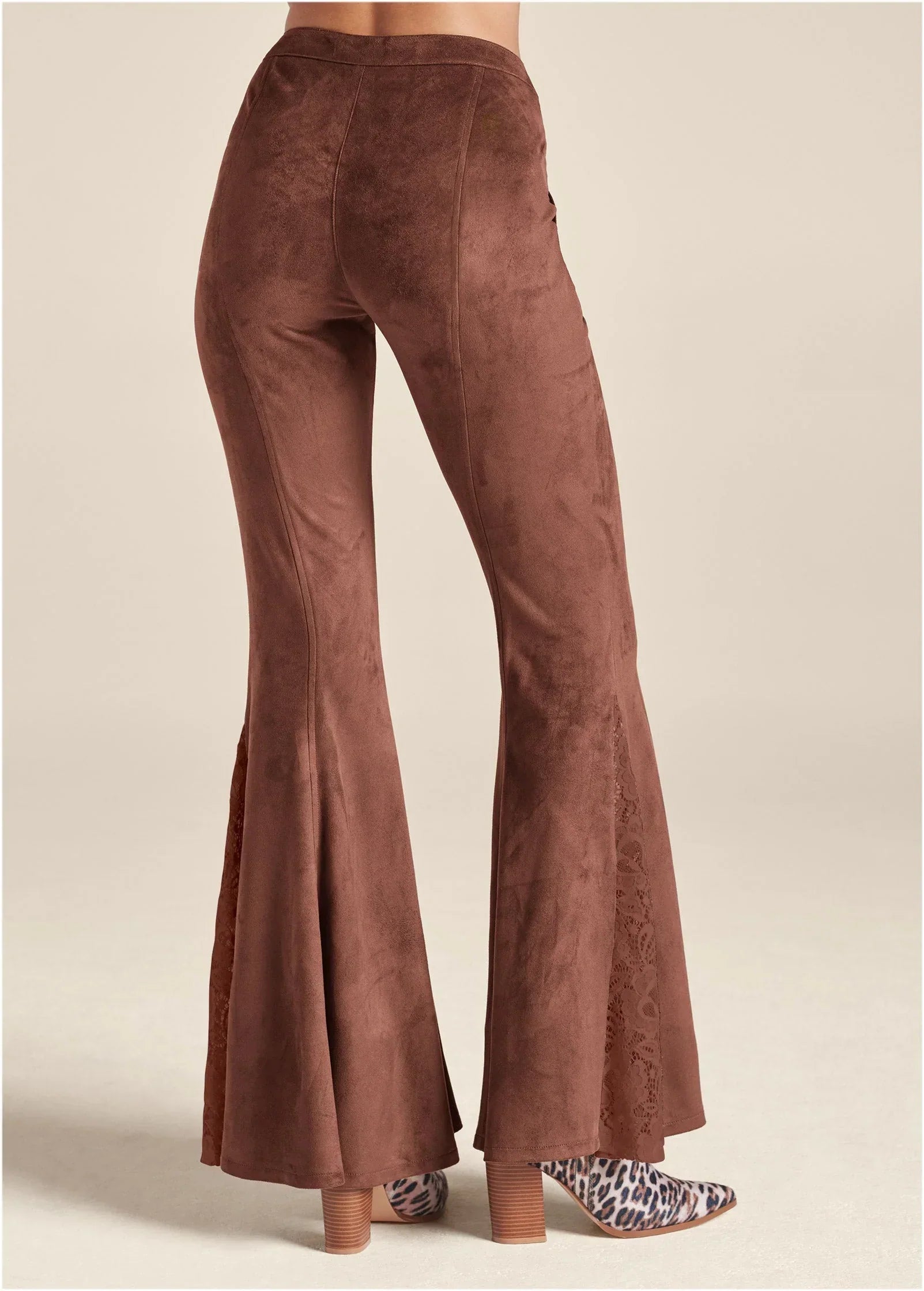 Faux Suede Flare Pants Brown Multi