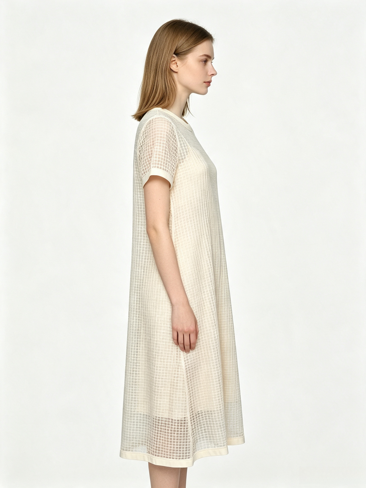 Cream Grid Mesh Two Piece Midi Dress