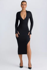 Modal Plunge V Neck Midaxi Dress in Black
