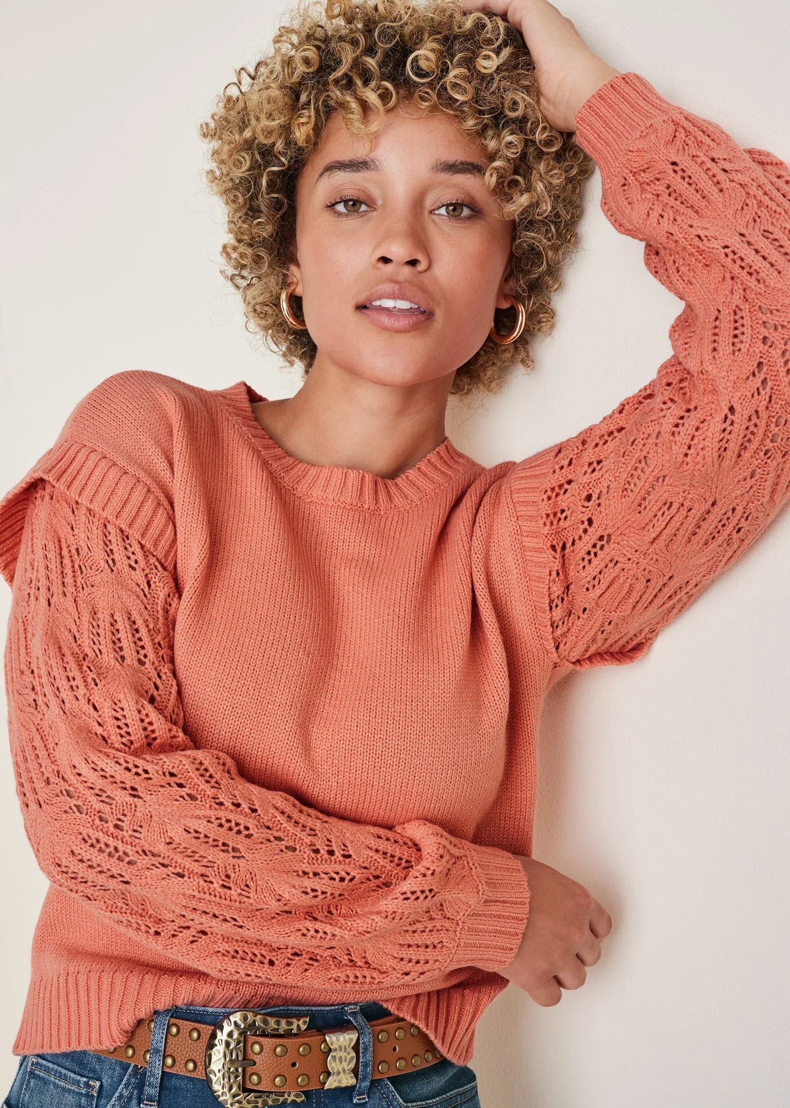 Pointelle Sleeve Crew Neck Burnt Coral