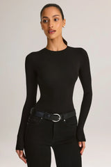 Modal Round Neck Long Sleeve Bodysuit in Black