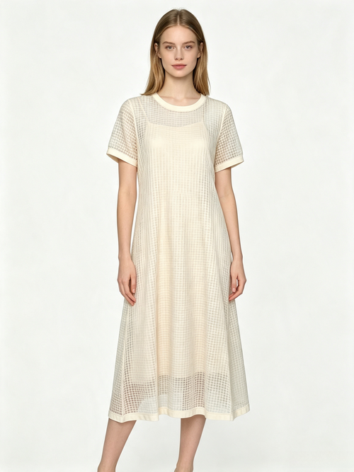 Cream Grid Mesh Two Piece Midi Dress