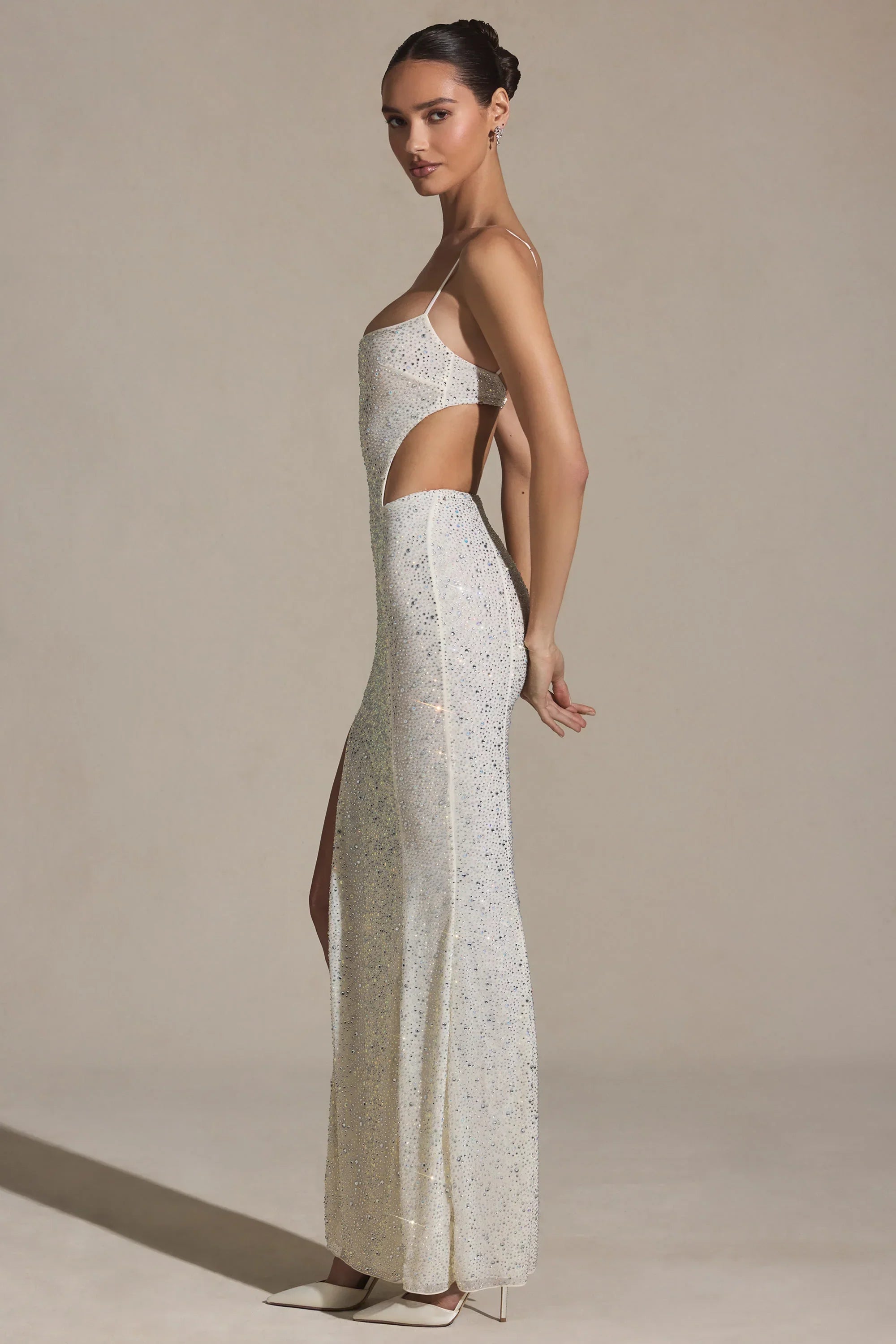 Embellished Cut Out Fishtail Maxi Dress in White