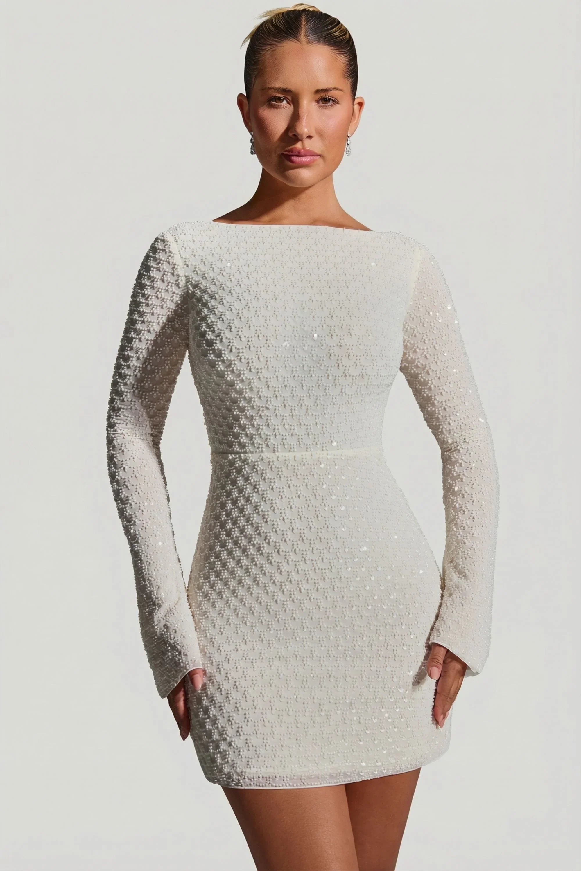 Embellished Open Back A Line Mini Dress in White