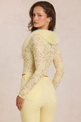 Lace Faux Fur Trim Cardigan in Lemon Yellow