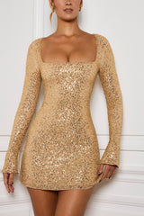 Embellished A Line Mini Dress in Gold