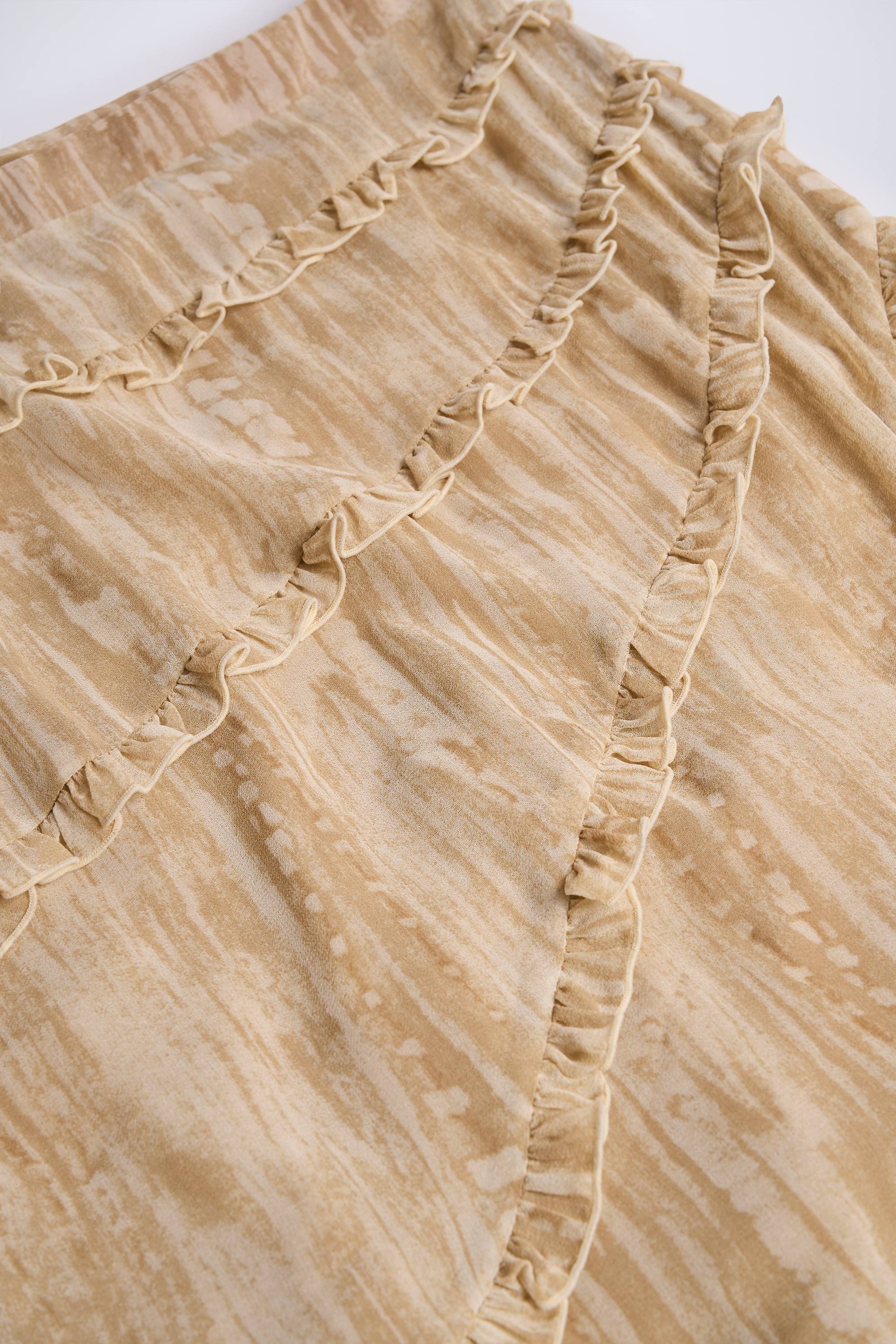 Ruffled Asymmetric Mid Rise Maxi Skirt in Tan Print