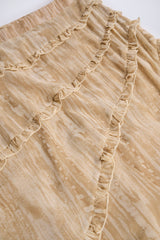Ruffled Asymmetric Mid Rise Maxi Skirt in Tan Print