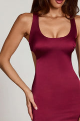 Scoop Neck Lace up Back Mini Dress in Wine Red