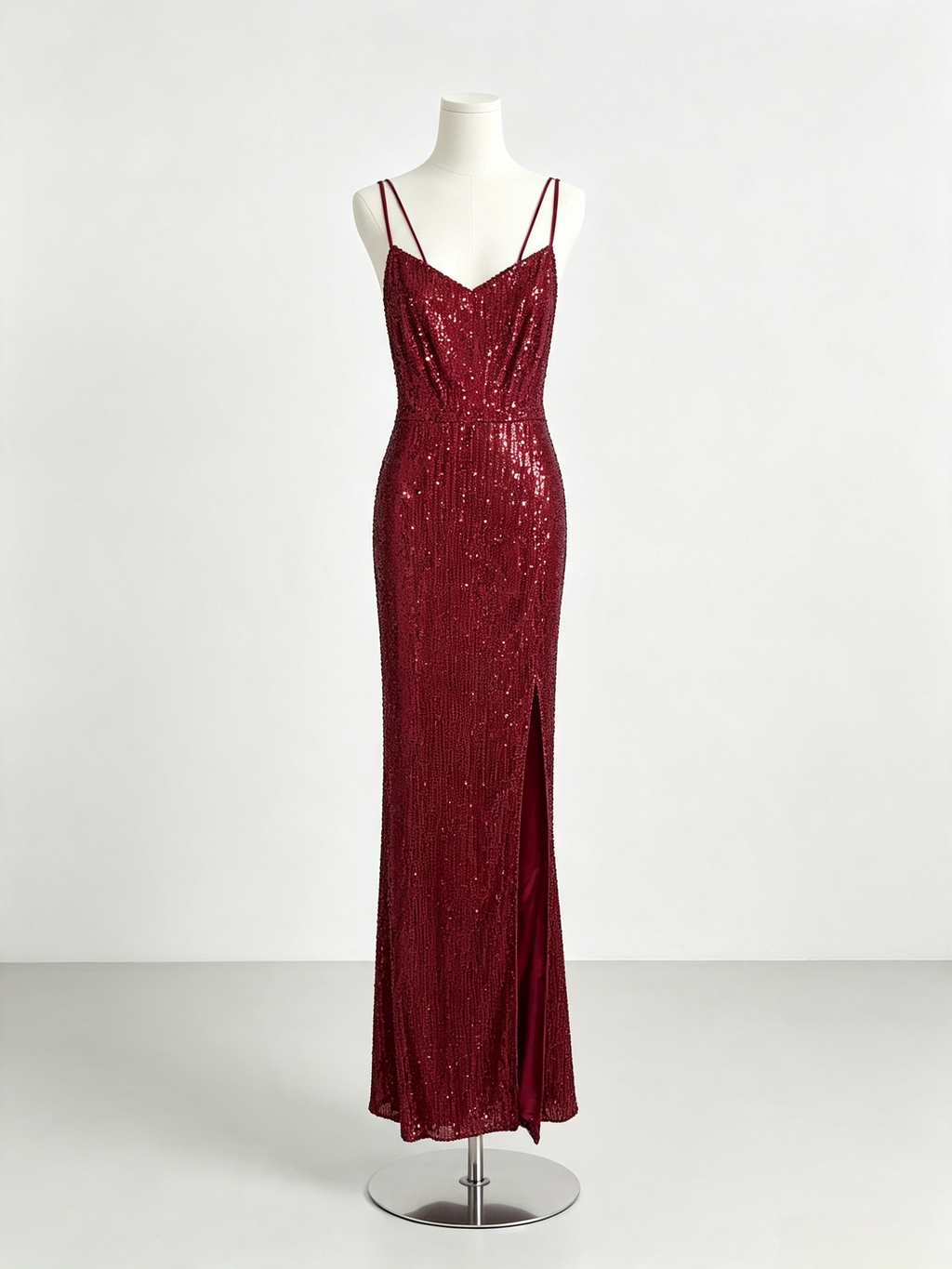 Burgundy Sequin Mermaid Maxi Evening Dress