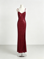 Burgundy Sequin Mermaid Maxi Evening Dress