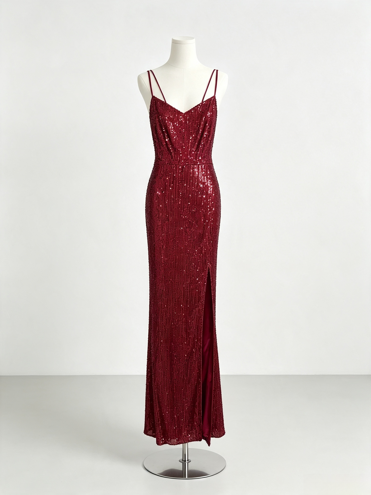 Burgundy Sequin Mermaid Maxi Evening Dress