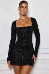 Embellished A Line Mini Dress in Black