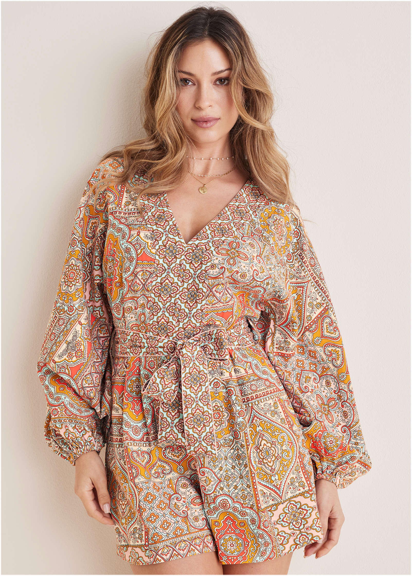Linen Tie Waist Romper Medallion Golden Patchwork