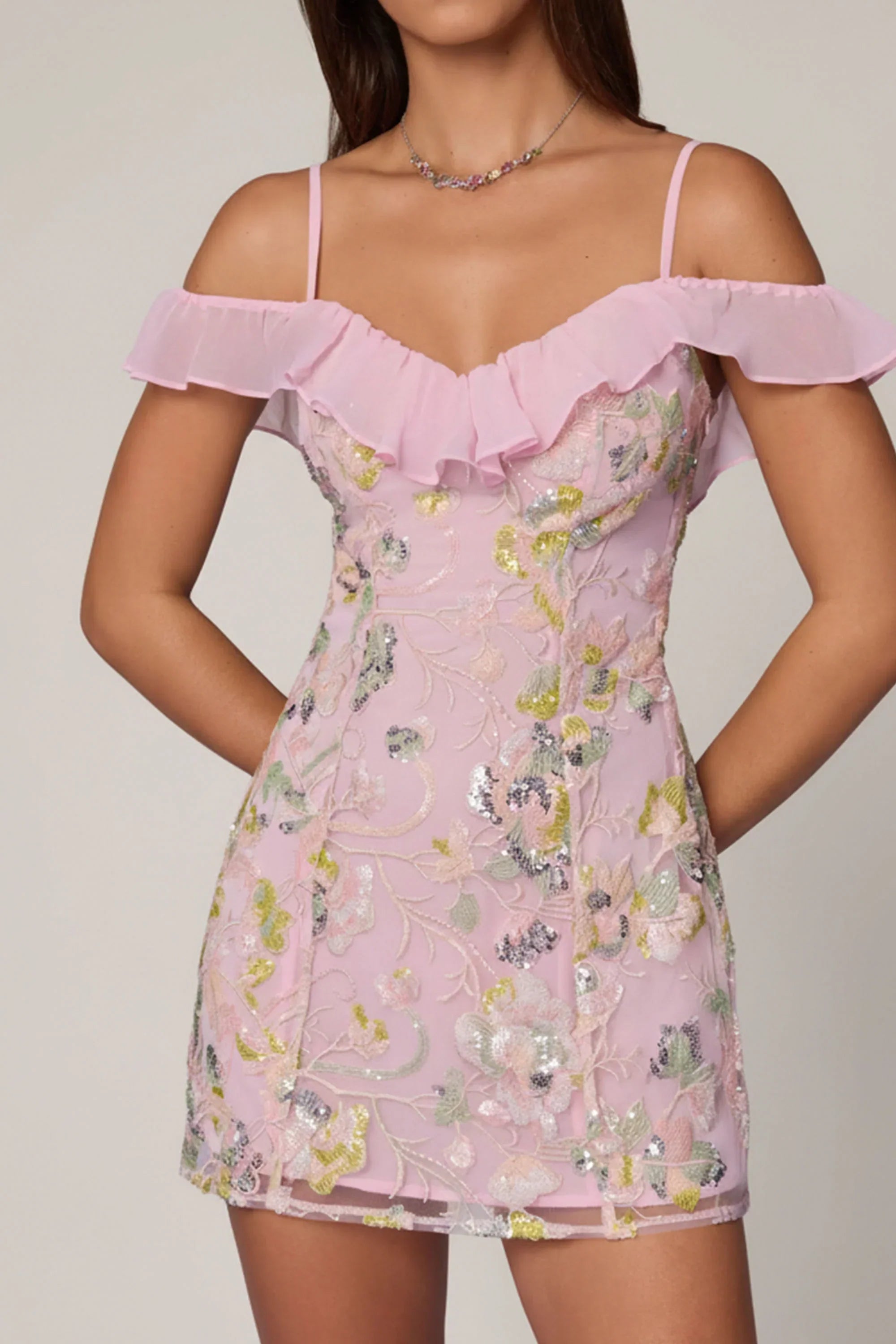 Embellished Lace Up A Line Mini Dress in Soft Pink
