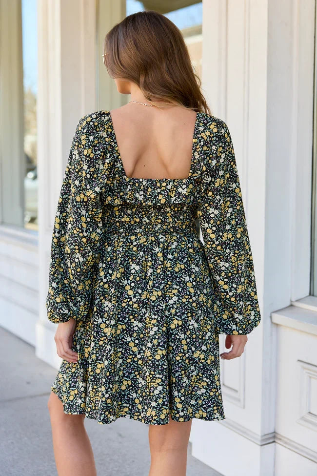 Sophia Black Floral Smocked Top Dress